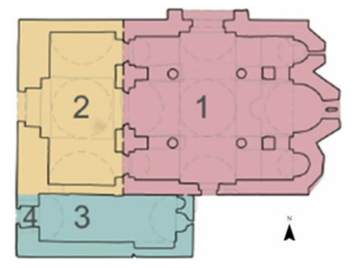 Ground plan of the main church of the byzantine monastery of Kaisariani showing the construction phases