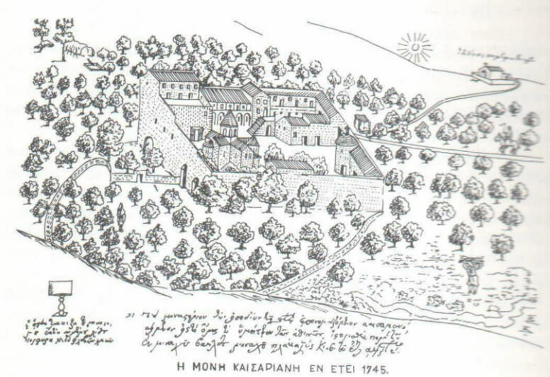 Sketch of a monk showing the Kaisariani monastery in 1745