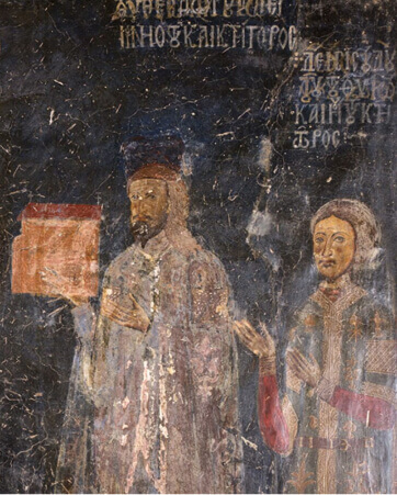 The founders of the Church of Aghioi Anargyroi in Kastoria, Theodoros Limniotis and his son Ioannis, depicted on a fresco of the church