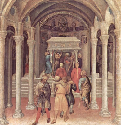 Painting by Gentila da Fabriano, ca. 1425, showing pilgrims at the tomb of saint Nicholas in Bari