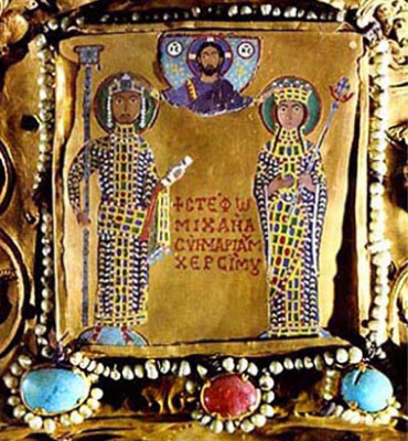 Byzantine enamel from the Khakhuli triptych showing Michael VII Doukas and his wife Maria of Georgia