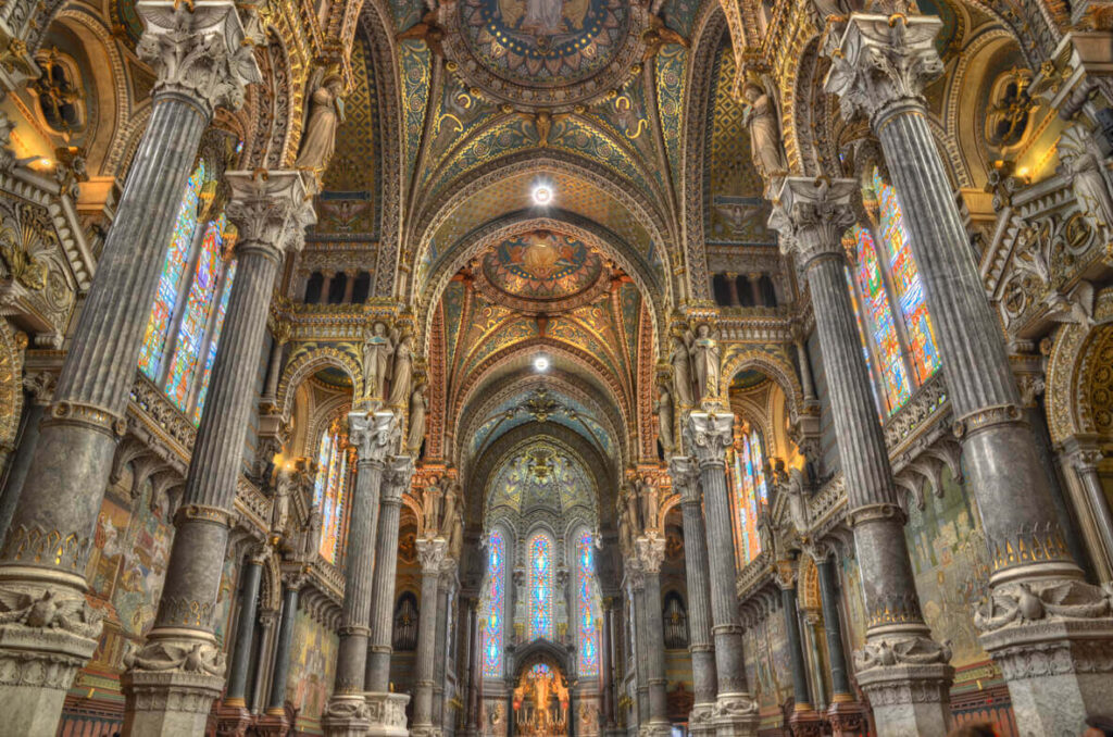 Interior view of the Basilique de Fourvière, example of Neo-Byzantine Architecture in Lyon, France
