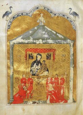 Miniature of the Hamilton Psalter, veneration of the Virgin Hodegetria ca. 1300