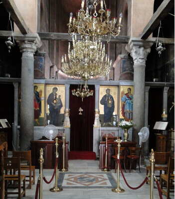 Vertical naos of the Holy Apostles, Thessaloniki, with reused ancient columns and Palaiologan frescoes
