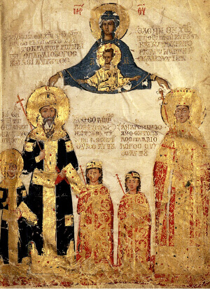 Early 15th century manuscript showing Emperor Manuel II and Empress Helena and their three sons