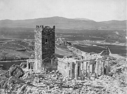 Photography showing the acropolis of Athens in 1874, with the Frankish tower before its demolition in 1875