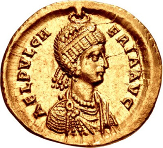Solidus coin showing the Byzantine empress Aelia Pulcheria