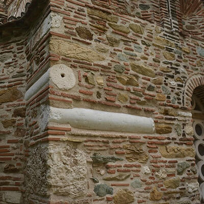 Spolia in the walls of Ayios Panteleimonos, byzantine church in Thessaloniki