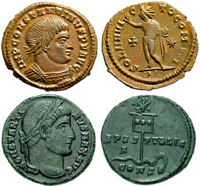Imperial power in Byzantium through coins, Constantine using Sol Invictus and Chi-Ro symbol