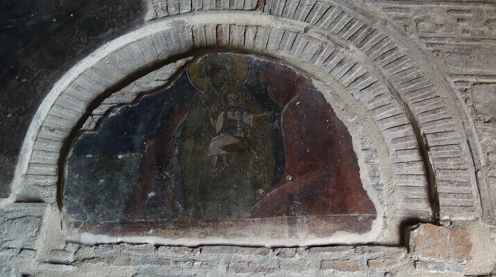 13th century late byzantine fresco showing the Departure of Elisabeth of the church of the monastery of Panagia Vlacherna in Arta, Epirus, Greece