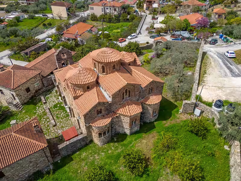 Aerial view of the katholicon of Byzantine the monastery of Panagia Vlachernitissa in Arta, Greece