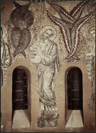 Byzantine mosaic depicting a Seraphim, a Cherubim and prophets in the dome Panagia Paregoritissa Church in Arta, Greece
