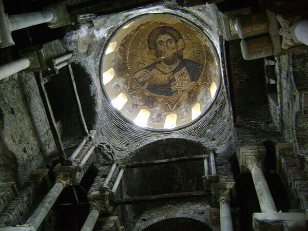 Interior and dome mosaic depicting the Christ Pantocrator in the Church of the Panagia Paregoritissa, Arta, Greece