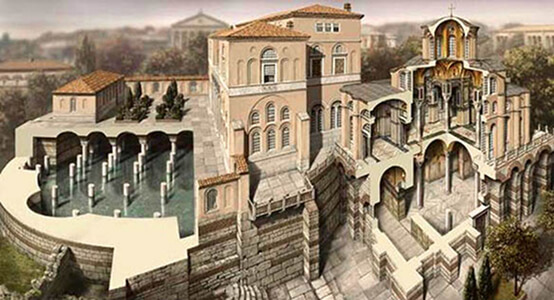 Restitution of the Byzantine complex of the Myrelaion, with the cistern, palace, church and substructures