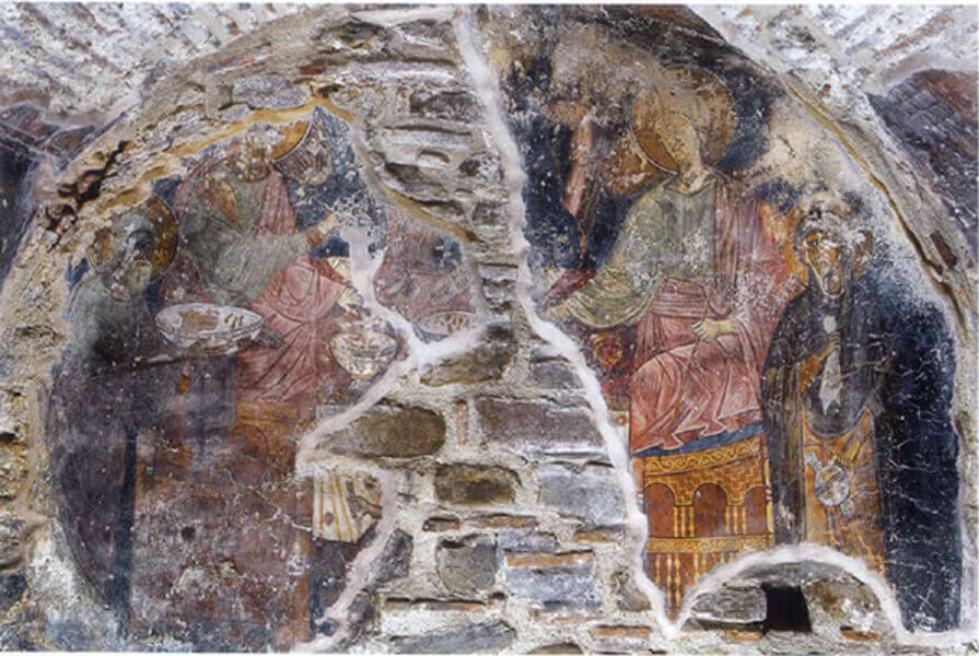 Late Byzantine fresco showing the Hospitality of Abraham in the monastery of Panagia Vlacherna in Arta, Epirus, Greece