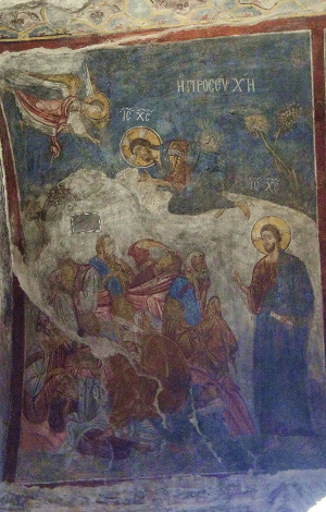 13th century late byzantine fresco showing the scene of the Prayer in the church of the monastery of Panagia Vlacherna in Arta, Epirus, Greece