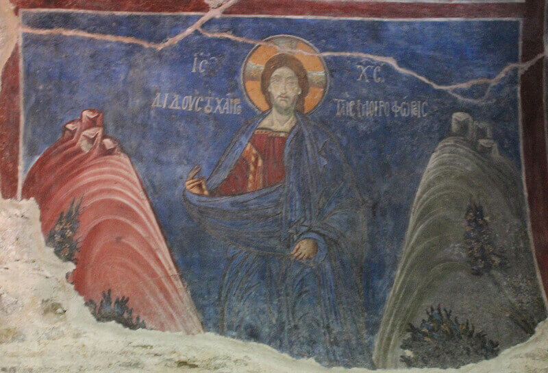Late Byzantine fresco showing the greeting the myrrh bearers in the katholicon of the monastery of Panagia Vlacherna in Arta, Epirus, Greece