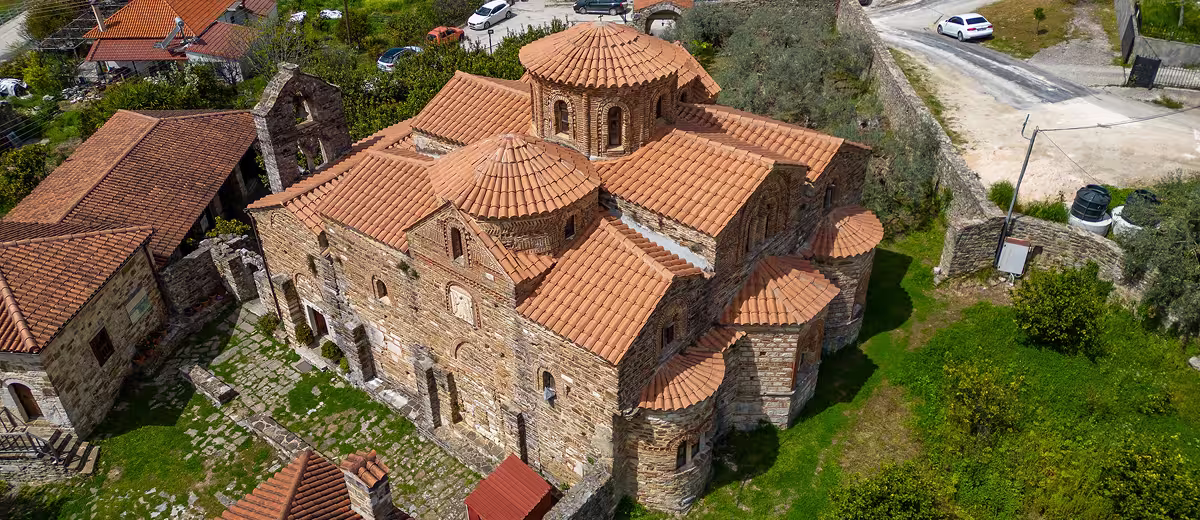 aerial view of the 13th-century Monastery of Panagia Vlacherna near Arta, Greece