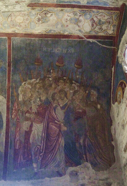 13th century late byzantine fresco depicting the Betrayal of Judas in the church of the monastery of Panagia Vlacherna in Arta, Epirus, Greece