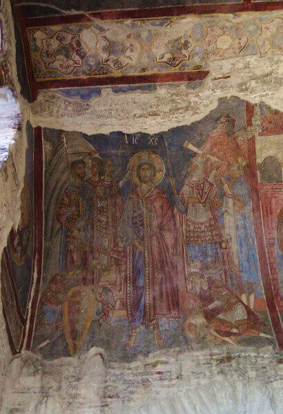 13th century late byzantine fresco depicting the Mocking Scene in the church of the monastery of Panagia Vlacherna in Arta, Epirus, Greece