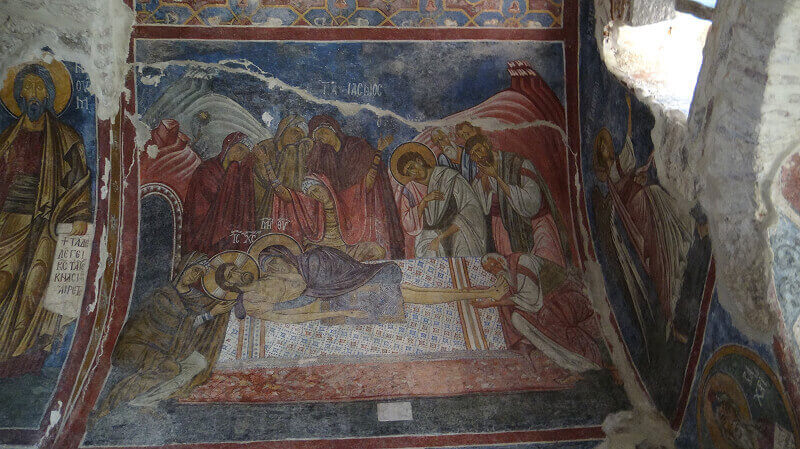 13th century late byzantine fresco depicting the Epitaphios in the church of the monastery of Panagia Vlacherna in Arta, Epirus, Greece