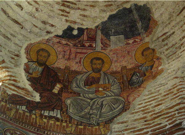 13th century late byzantine fresco showing the surviving element of the Pentecost scene in the church of the monastery of Panagia Vlacherna in Arta, Epirus, Greece