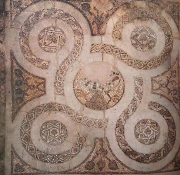 Monastery of Panagia Vlachernissa in Arta, Epirus, Greece. Inlaid marble floor mosaic with eagle, 13th century.