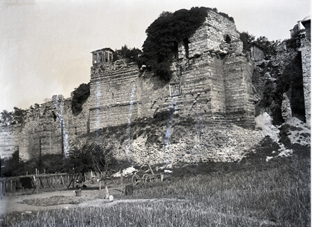 Old picture showing the so-called tower of Isaac Angelos from outside the walls of Istanbul