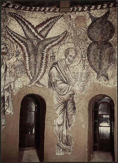 Byzantine mosaic depicting a Seraphim, a Cherubim and prophets in the dome Panagia Paregoritissa Church in Arta, Greece