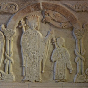 Queen Theodora in imperial attire with her son, sculpture from her tomb slab in the church, 13th century.