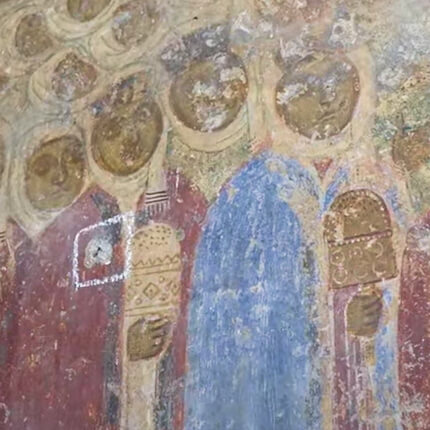 Byzantine fresco likely depicting Theodora Raoulaina, her mother Irene and her sister Anna, wife of the Despot of Epirus