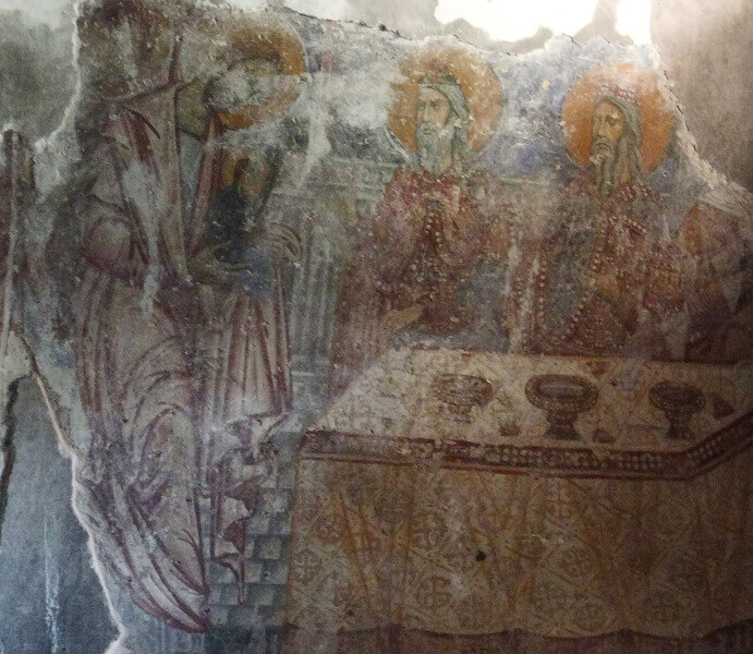13th century late byzantine fresco showing the blessing of the priests scene in the Holy Bema of the church of the monastery of Panagia Vlacherna in Arta, Epirus, Greece