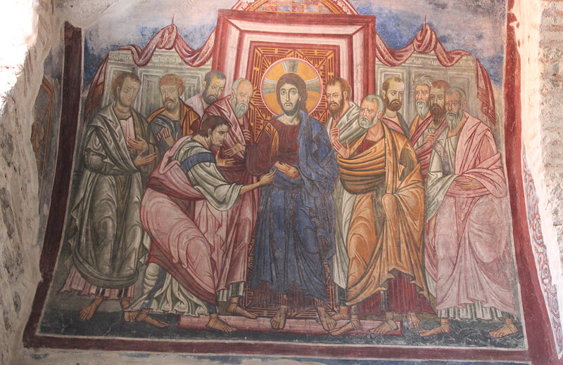 13th century late byzantine fresco showing the Incredulity of Saint Thomas in the church of the monastery of Panagia Vlacherna in Arta, Epirus, Greece