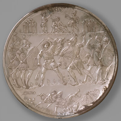 David fights Goliath, one of the David plates. Constantinople work, 7th century.