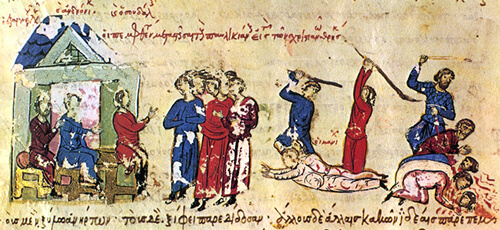 Illumination from the Madrid Skylitzes depicting the massacre of the Paulicians in 843-844, a strong repression about a religious minority of Byzantium