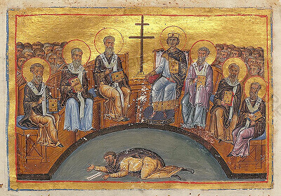 Byzantine illumination from the Menologion of Emperor Basil II depicting the Second Council of Nicaea