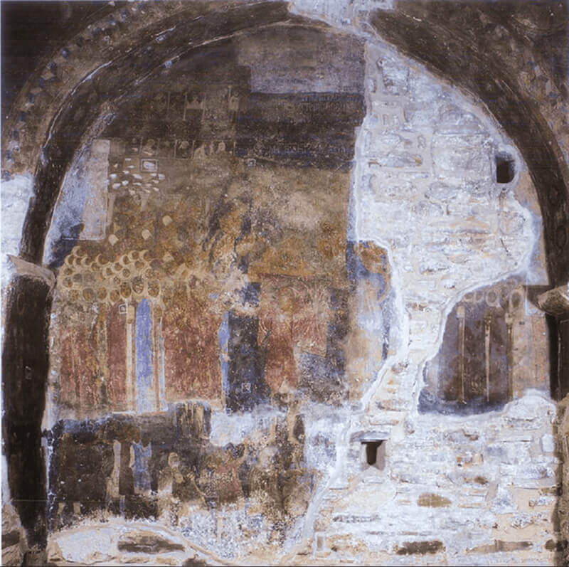 Fresco in the narthex of the Panagia Vlacherna Church in Arta depicting the Litany of the Icon of the Virgin Hodegetria in Constantinople