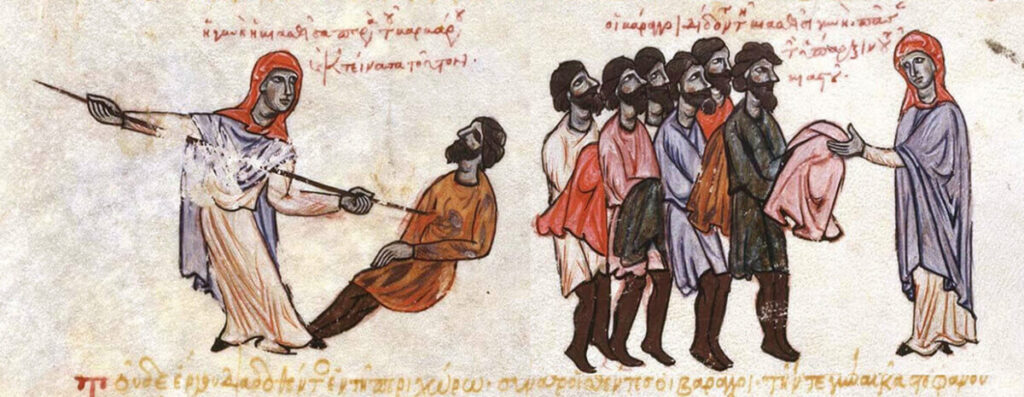Rape attempt of a Byzantine woman by a Varangian, depicted in the Skylitzes manuscript