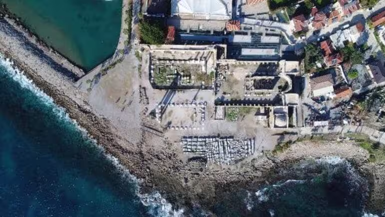 Aerial view of the byzantine episcopal area of Side, Turkey