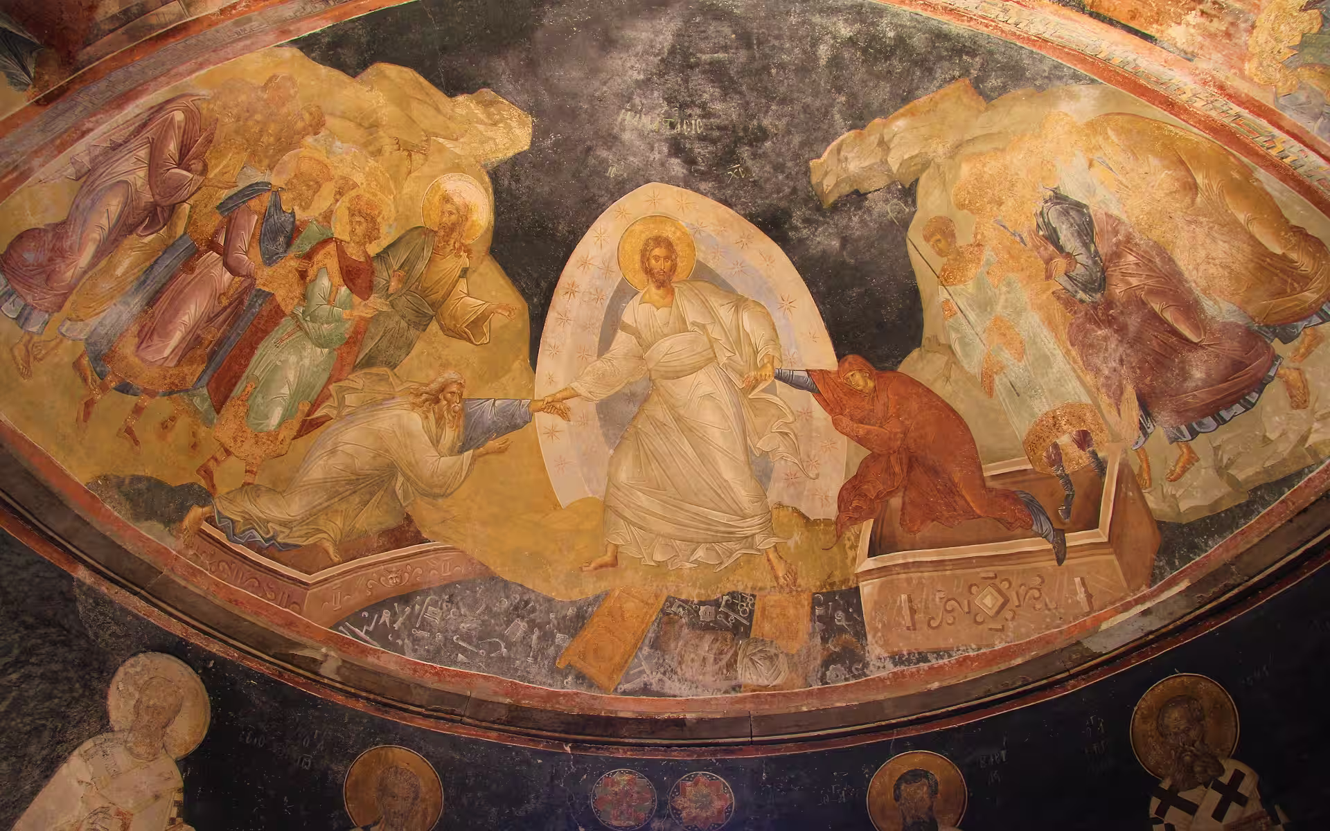 Byzantine mosaics inside the Chora Monastery (Kariye) in Istanbul, golden-ground scenes from the early 14th century