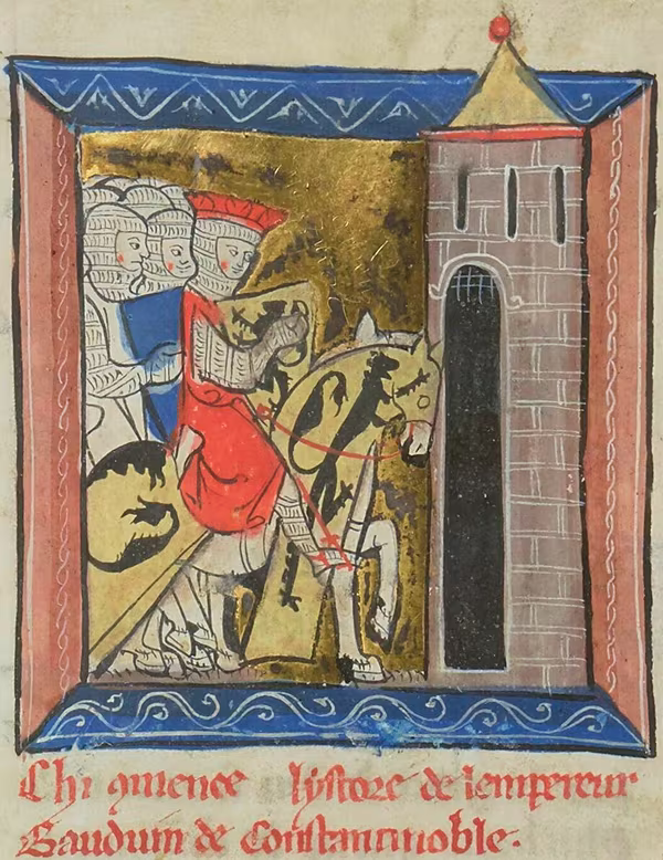 13th-century manuscript miniature of Baldwin I of Flanders, the first Latin Emperor of Constantinople, crowned after the 1204 sack.