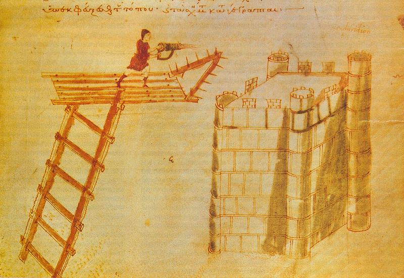 Illustration of the Poliorcetica by Hero of Byzantium, showing the use of a flamethrower (cheirosiphon) against a castle