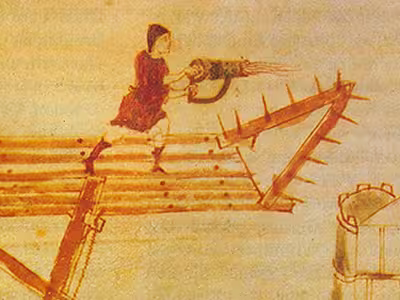 How did Greek fire work - the siphon system and the operator, detail of the Poliorcetica manuscript, by Hero of Byzantium