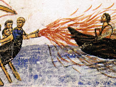 How did Greek fire work - the siphon system and the operator, detail of the Skylitzes manuscript