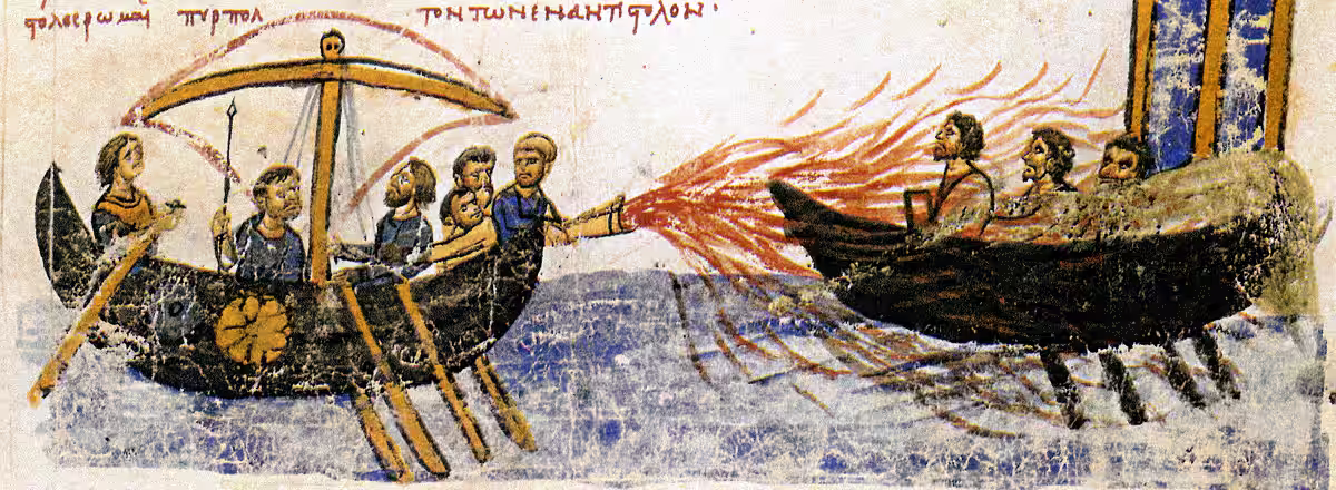Greek fire, secret weapon of the Byzantine navy, in an illumination from the Skylitzes manuscript, 11th century