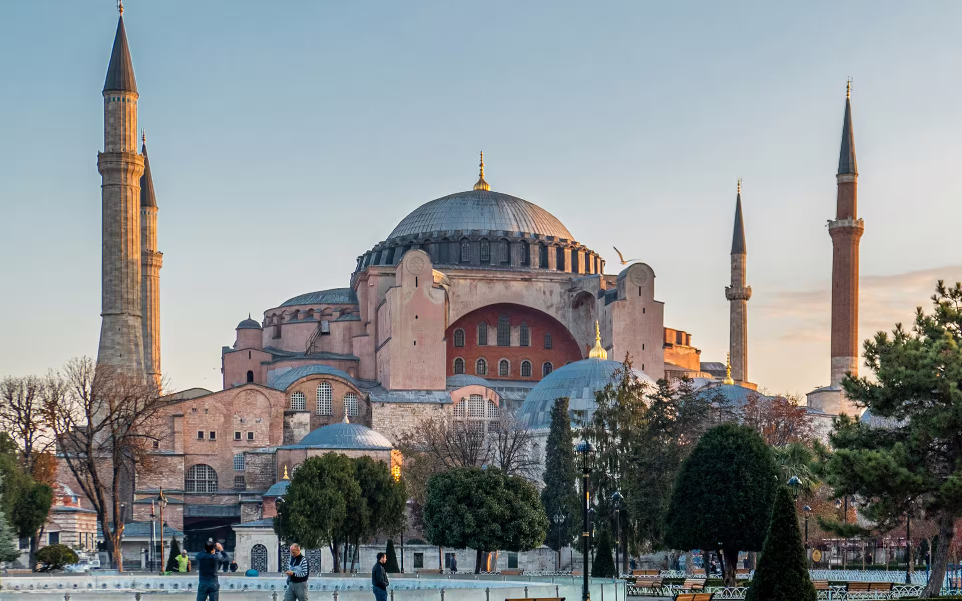 Exterior of Hagia Sophia in Istanbul, the 6th-century Byzantine cathedral built by Justinian I, with its great central dome and minarets