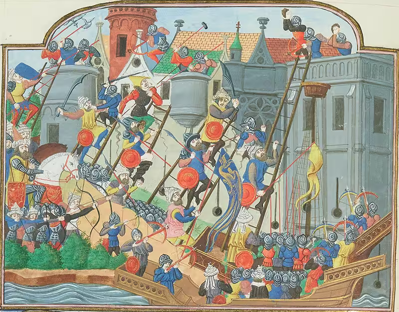 Miniature painting attributed to Philippe de Mazerolles between 1470 and 1479, fall of Constantinople in 1453