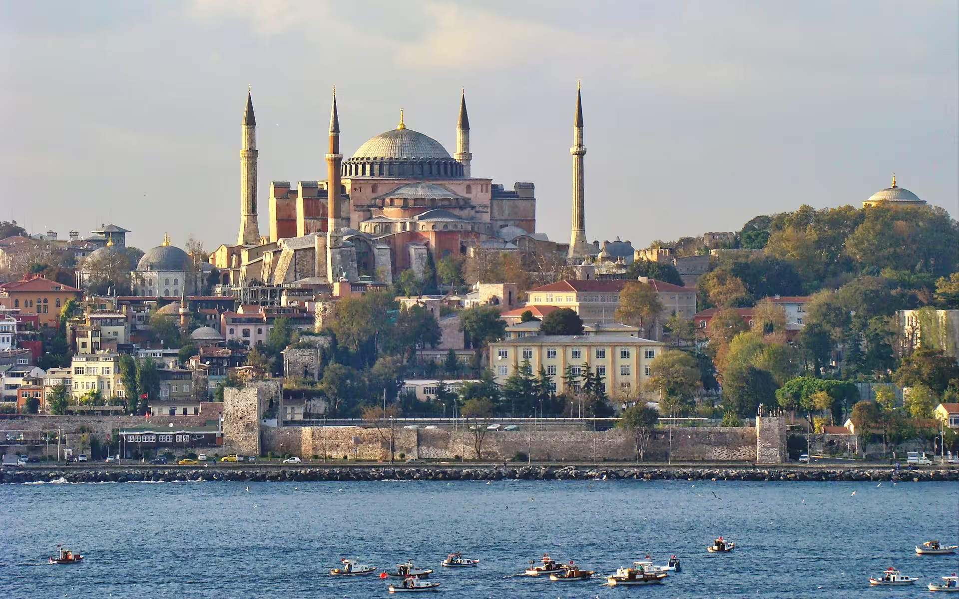 View of Istanbul, with the former byzantine cathedral of Hagia Sophia and the sea walls