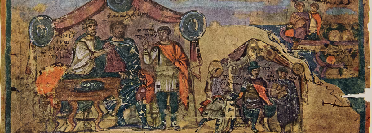 Ambrosian Iliad, 5th century Byzantine manuscript, illumination depicting the Greek camp and Nestor's tent