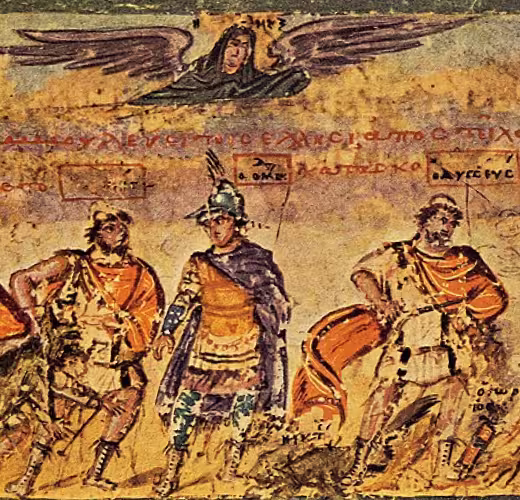 Ambrosian Iliad, 5th-century Byzantine manuscript, illumination depicting the Capture of Dolon by Odysseus and Diomedes